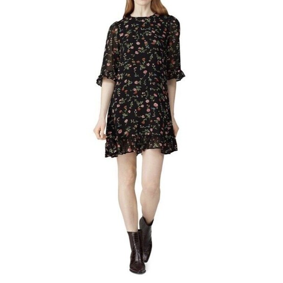 GANNI Floral Crepe Mini Dress Ruffle Accents Flowy Shift 34 US 2 XS - Picture 1 of 10